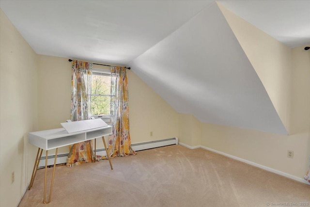 bonus room featuring carpet, vaulted ceiling, baseboards, and a baseboard heating unit