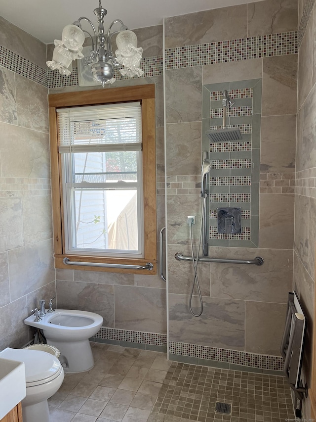 full bathroom featuring a bidet, tile walls, walk in shower, toilet, and a chandelier