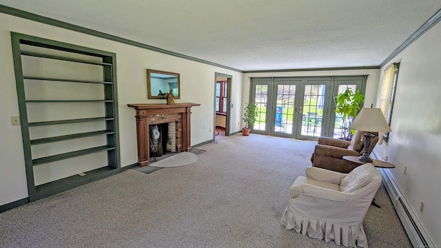 32 Great Hill Pond Rd, Portland, CT 06480 - carpeted living room featuring crown molding, baseboards, a baseboard heating unit, and a fireplace