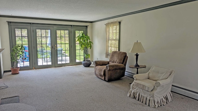 32 Great Hill Pond Rd, Portland, CT 06480 - living area featuring carpet flooring, baseboard heating, a textured ceiling, and french doors