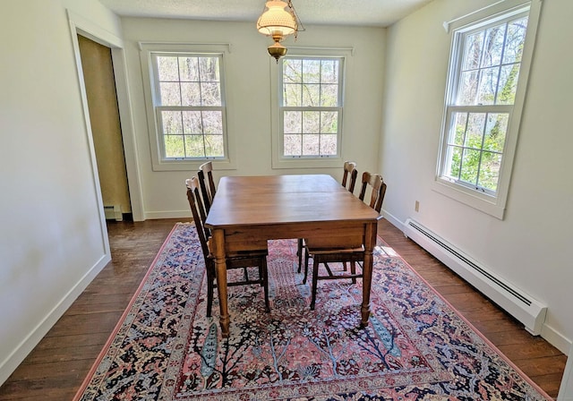 32 Great Hill Pond Rd, Portland, CT 06480 - dining area featuring baseboards, a baseboard heating unit, and dark wood-style floors