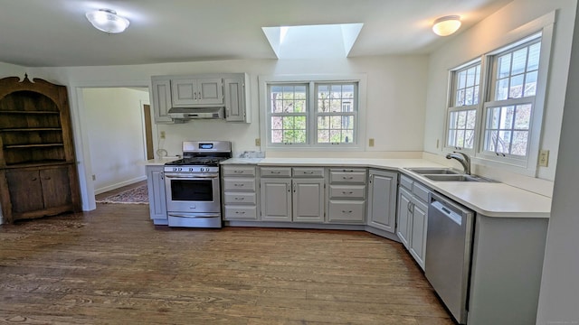 32 Great Hill Pond Rd, Portland, CT 06480 - kitchen featuring a skylight, appliances with stainless steel finishes, a sink, gray cabinetry, and under cabinet range hood