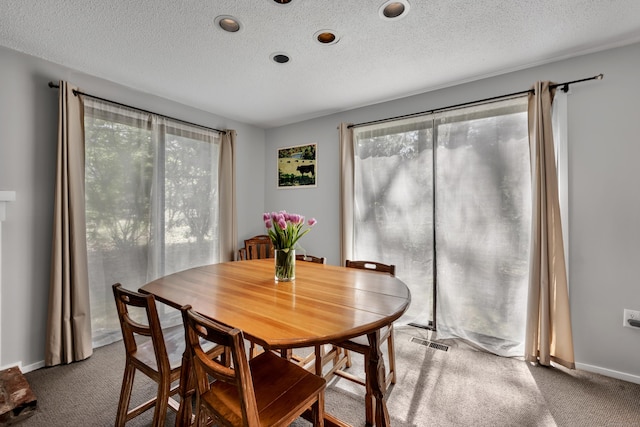 carpeted dining room featuring visible vents, a textured ceiling, and baseboards