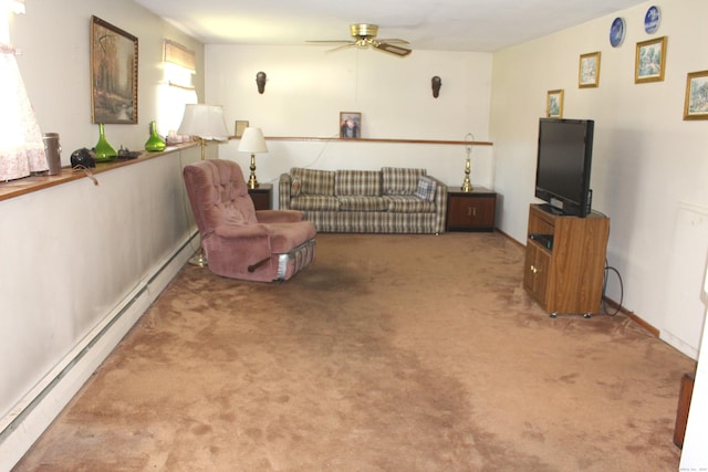 carpeted living area featuring ceiling fan and baseboard heating