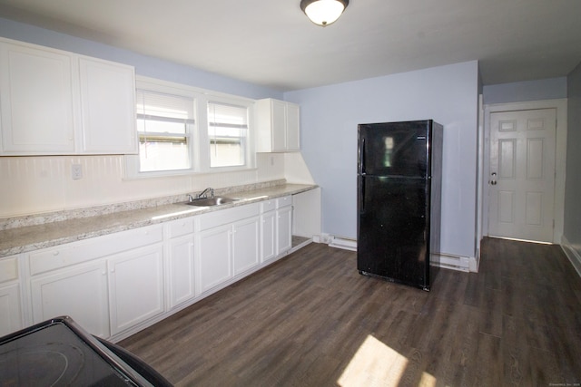 35 Clinton Ave, Middletown, CT 06457 - kitchen featuring freestanding refrigerator, dark wood finished floors, and white cabinets