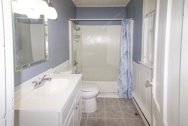 35 Clinton Ave, Middletown, CT 06457 - bathroom featuring shower / bath combo, vanity, tile patterned floors, a baseboard heating unit, and toilet