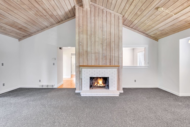 unfurnished living room featuring visible vents, carpet, lofted ceiling, and wooden ceiling