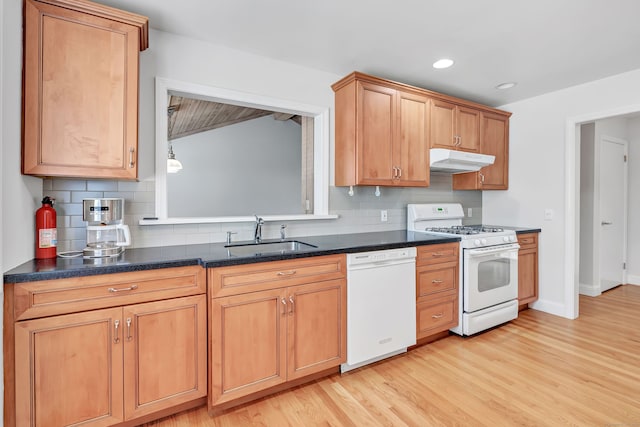 kitchen featuring backsplash, a sink, light wood finished floors, under cabinet range hood, and white appliances