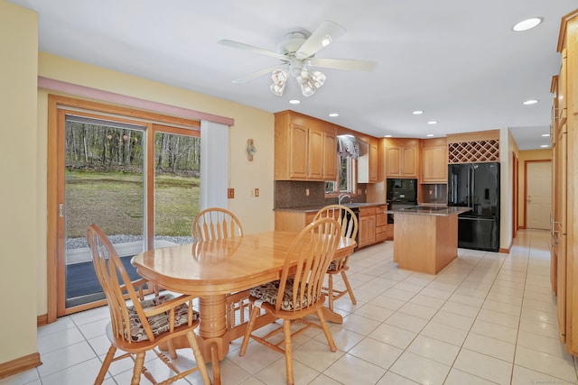 dining space with recessed lighting, ceiling fan, light tile patterned floors, and a wealth of natural light