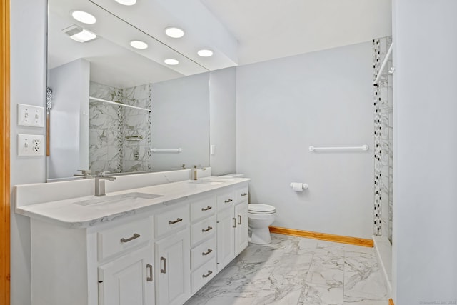 full bathroom featuring recessed lighting, a sink, marble finish floor, and tiled shower