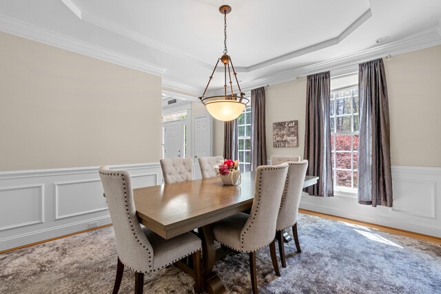 dining room featuring crown molding, a raised ceiling, wood finished floors, and wainscoting