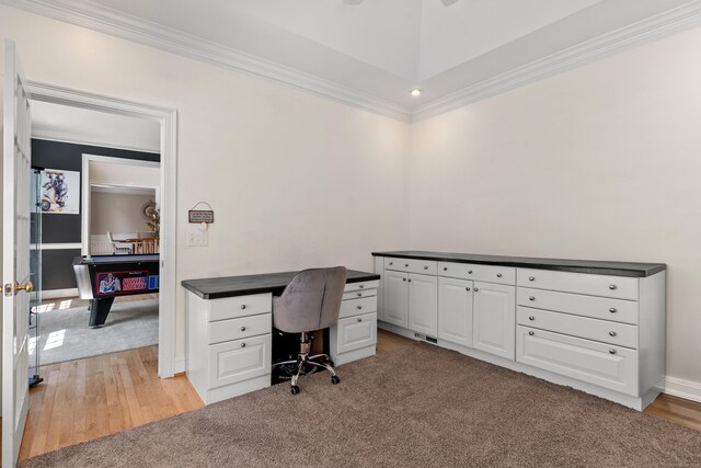 office area featuring crown molding, light colored carpet, light wood-style floors, recessed lighting, and baseboards
