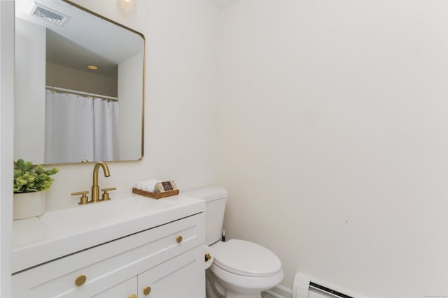 full bath featuring visible vents, a baseboard heating unit, toilet, and vanity
