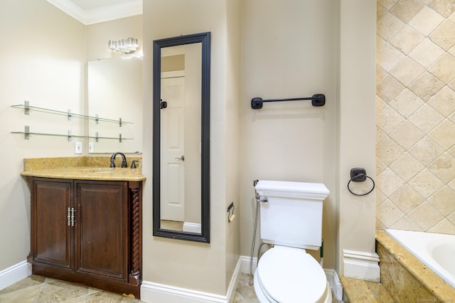 bathroom featuring crown molding, toilet, baseboards, and vanity