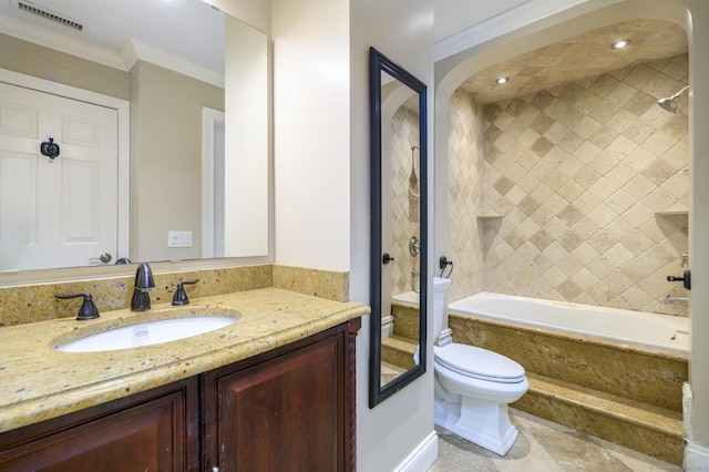 bathroom with toilet, visible vents, vanity, crown molding, and shower / bathing tub combination