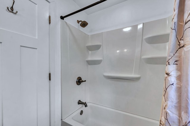 full bathroom with shower / bathtub combination with curtain