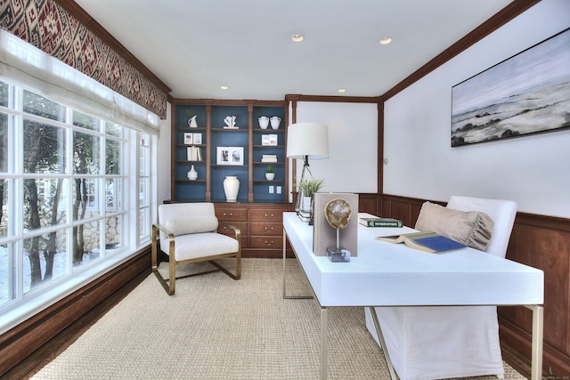 53 Sylvan Rd N, Westport, CT 06880 - office with a wainscoted wall, crown molding, and recessed lighting