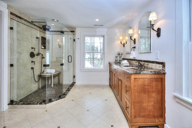 53 Sylvan Rd N, Westport, CT 06880 - bathroom with a stall shower, vanity, baseboards, recessed lighting, and tile patterned floors
