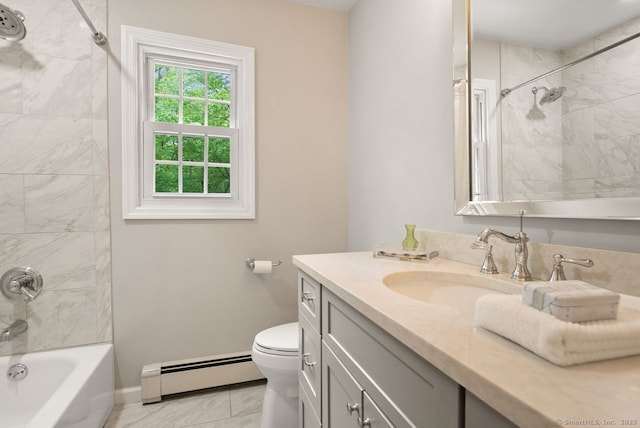 full bath featuring a baseboard radiator, toilet, vanity, baseboards, and marble finish floors
