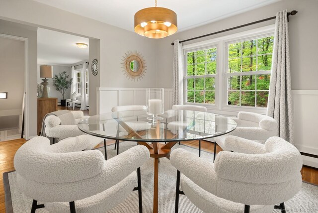 dining area with healthy amount of natural light, a wainscoted wall, wood finished floors, and a decorative wall