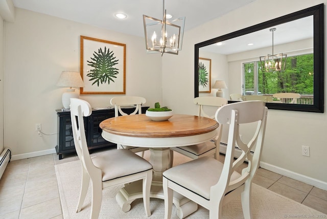 dining area with a chandelier, baseboards, recessed lighting, and light tile patterned floors