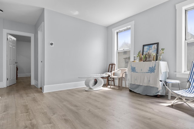 sitting room with baseboards and wood finished floors