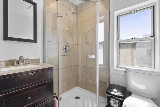 bathroom with toilet, a shower stall, and vanity