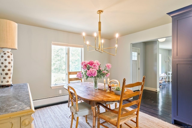 53 Upland Meadow Rd, Salisbury, CT 06068 - dining area with a baseboard radiator, a chandelier, healthy amount of natural light, and dark wood-type flooring