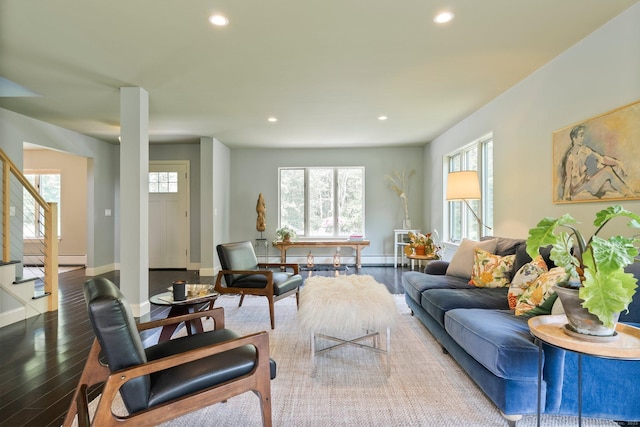53 Upland Meadow Rd, Salisbury, CT 06068 - living room with hardwood / wood-style floors, recessed lighting, and stairs