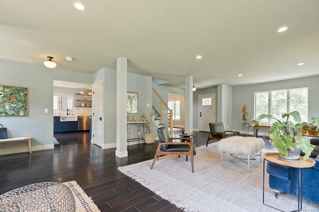 53 Upland Meadow Rd, Salisbury, CT 06068 - living area with stairway, recessed lighting, plenty of natural light, and dark wood-style floors