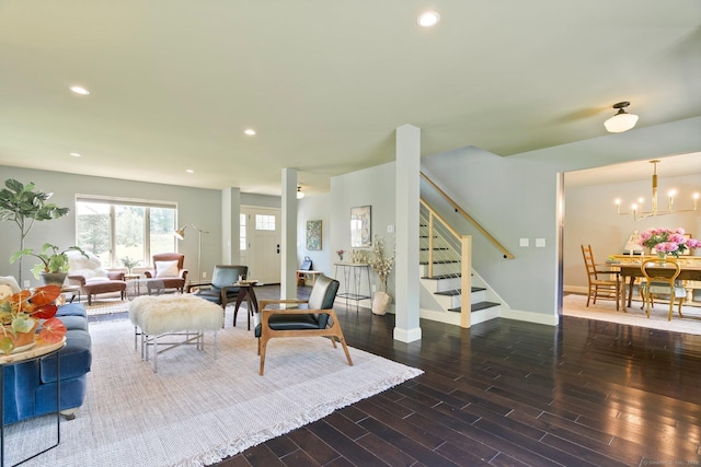 53 Upland Meadow Rd, Salisbury, CT 06068 - living room with wood finished floors, recessed lighting, stairway, and a chandelier