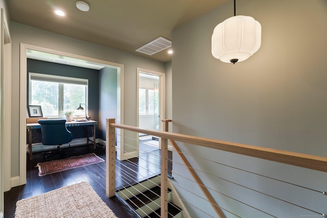 53 Upland Meadow Rd, Salisbury, CT 06068 - corridor featuring healthy amount of natural light, dark wood finished floors, a desk, an upstairs landing, and recessed lighting