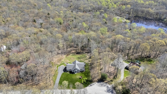bird's eye view featuring a water view and a wooded view