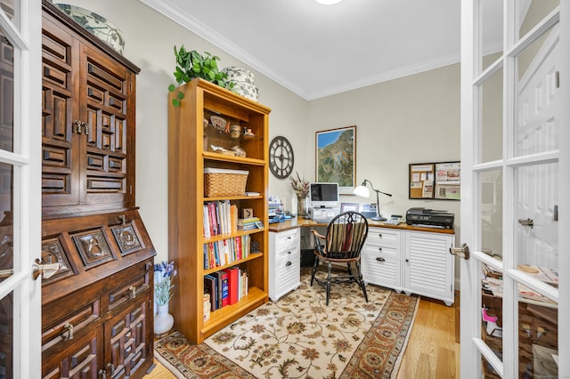 office featuring crown molding and light wood-style floors