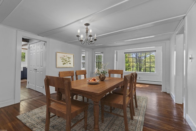 212 Main St N, Woodbury, CT 06798 - dining area with a baseboard radiator, dark wood-style flooring, a chandelier, and baseboards
