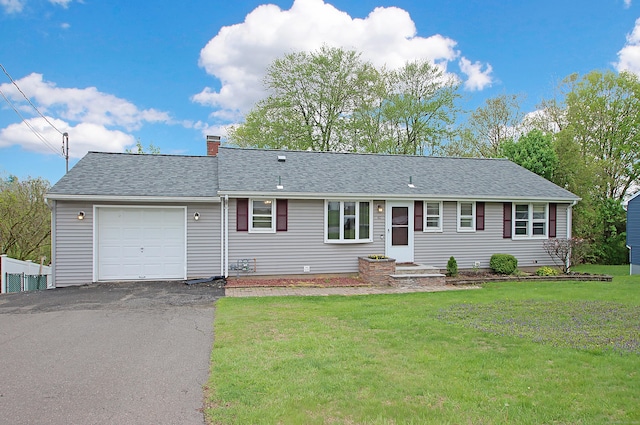 ranch-style house with roof with shingles, aphalt driveway, a garage, a front yard, and a chimney