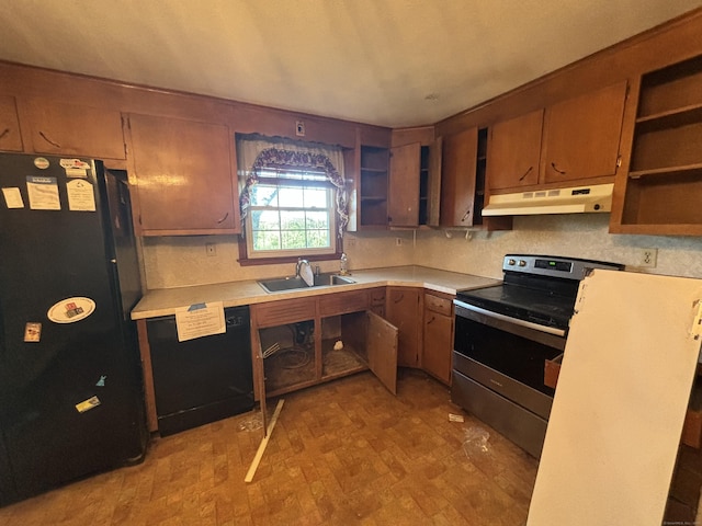 kitchen featuring black appliances, open shelves, under cabinet range hood, and a sink