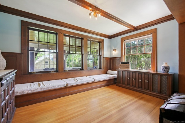 836 Prospect Ave, Hartford, CT 06105 - living area with a wainscoted wall, wood finished floors, beam ceiling, and ornamental molding