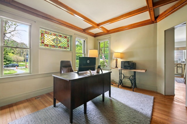 836 Prospect Ave, Hartford, CT 06105 - home office featuring coffered ceiling, hardwood / wood-style floors, baseboards, and beamed ceiling