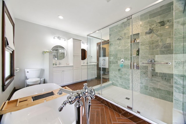 836 Prospect Ave, Hartford, CT 06105 - bathroom featuring toilet, a stall shower, a bath, vanity, and recessed lighting