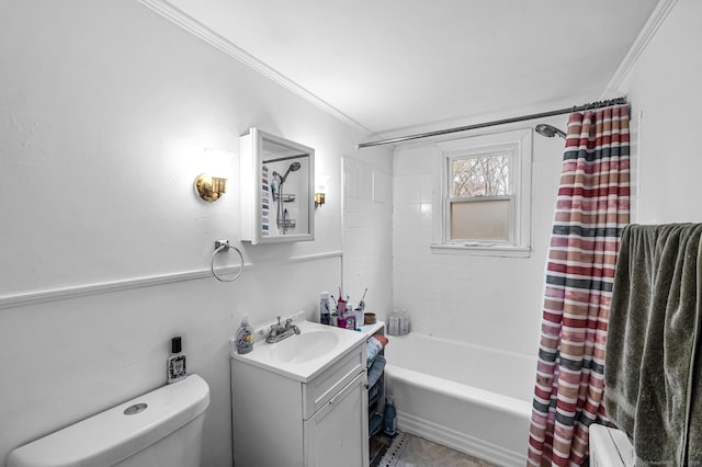 full bathroom with vanity, ornamental molding, toilet, and shower / tub combo with curtain