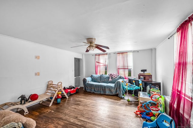 recreation room featuring ceiling fan and hardwood / wood-style floors