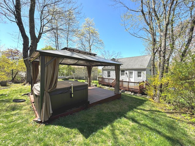 6 Fulton Dr, New Fairfield, CT 06812 - deck featuring a gazebo, a hot tub, and a lawn