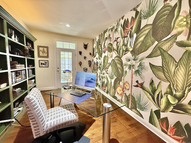 office space with baseboards, recessed lighting, and wood finished floors