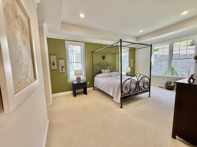 bedroom featuring carpet floors, recessed lighting, and baseboards