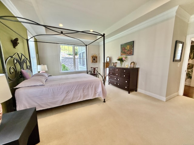 bedroom with baseboards, ornamental molding, carpet, and recessed lighting