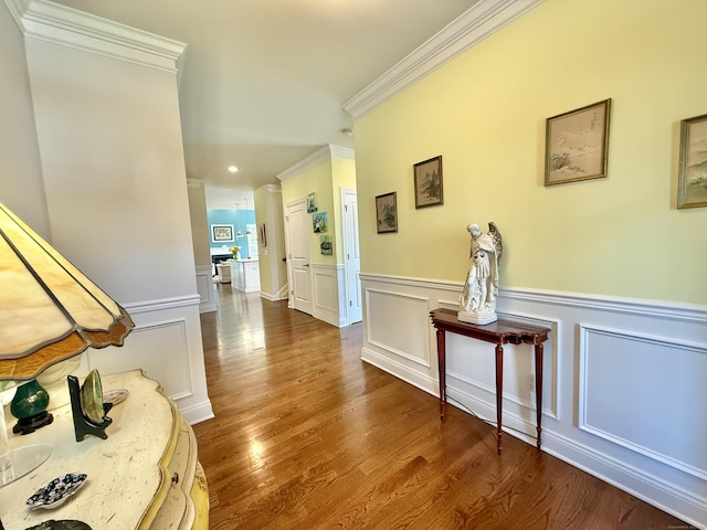 corridor with a decorative wall, ornamental molding, wainscoting, and wood finished floors