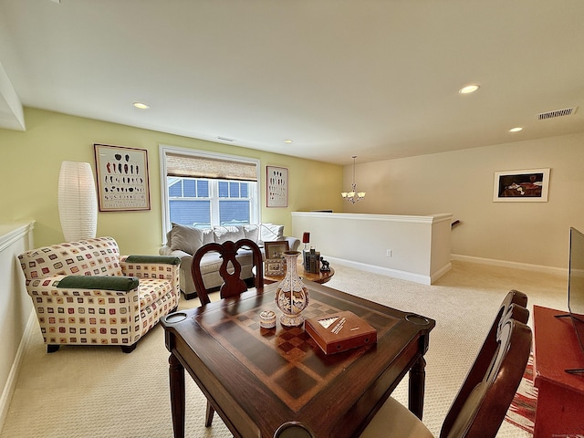carpeted dining area with baseboards, recessed lighting, and visible vents