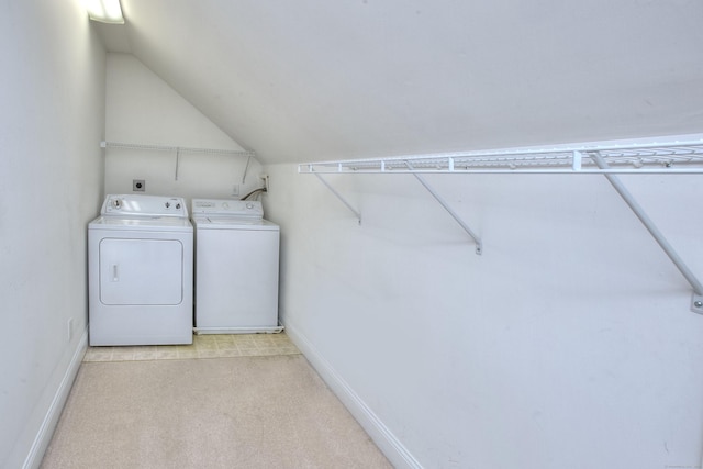 laundry room with baseboards, laundry area, independent washer and dryer, and light carpet