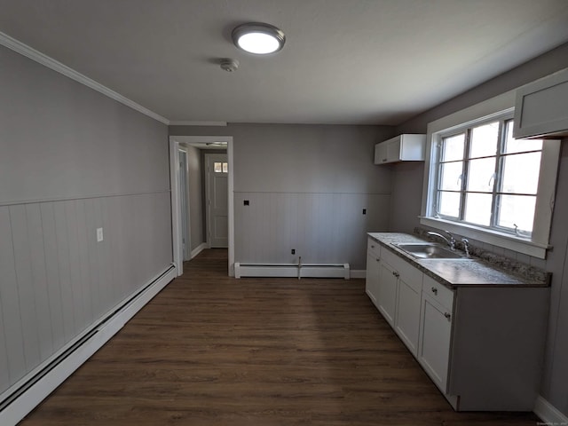 327 Center St, West Haven, CT 06516 - kitchen with a sink, white cabinets, baseboard heating, and dark wood-style floors